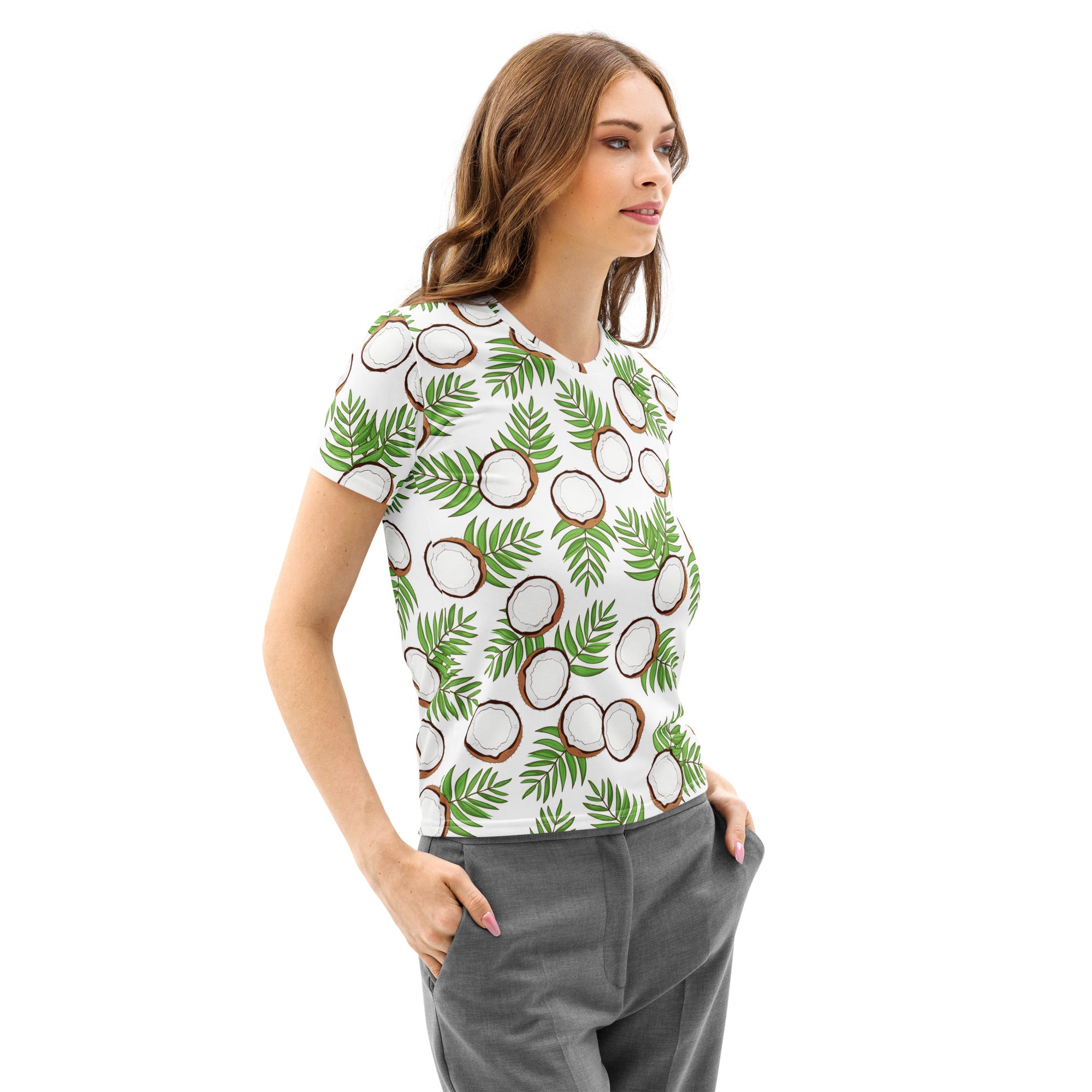 White women’s cotton t-shirt with soft stretch featuring a vibrant green palm leaf and halved coconut pattern