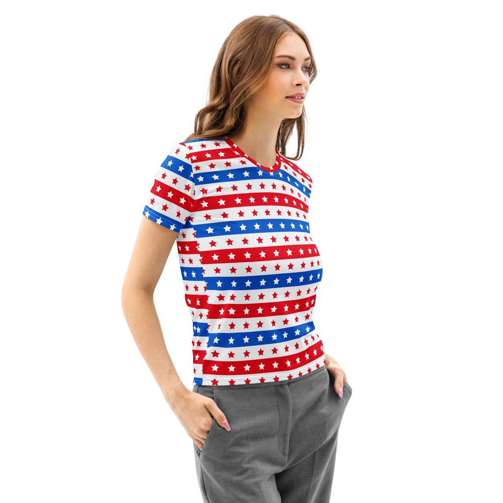 Women’s usa stripes and stars cotton t-shirt with red white and blue stripes and star pattern soft stretch fabric