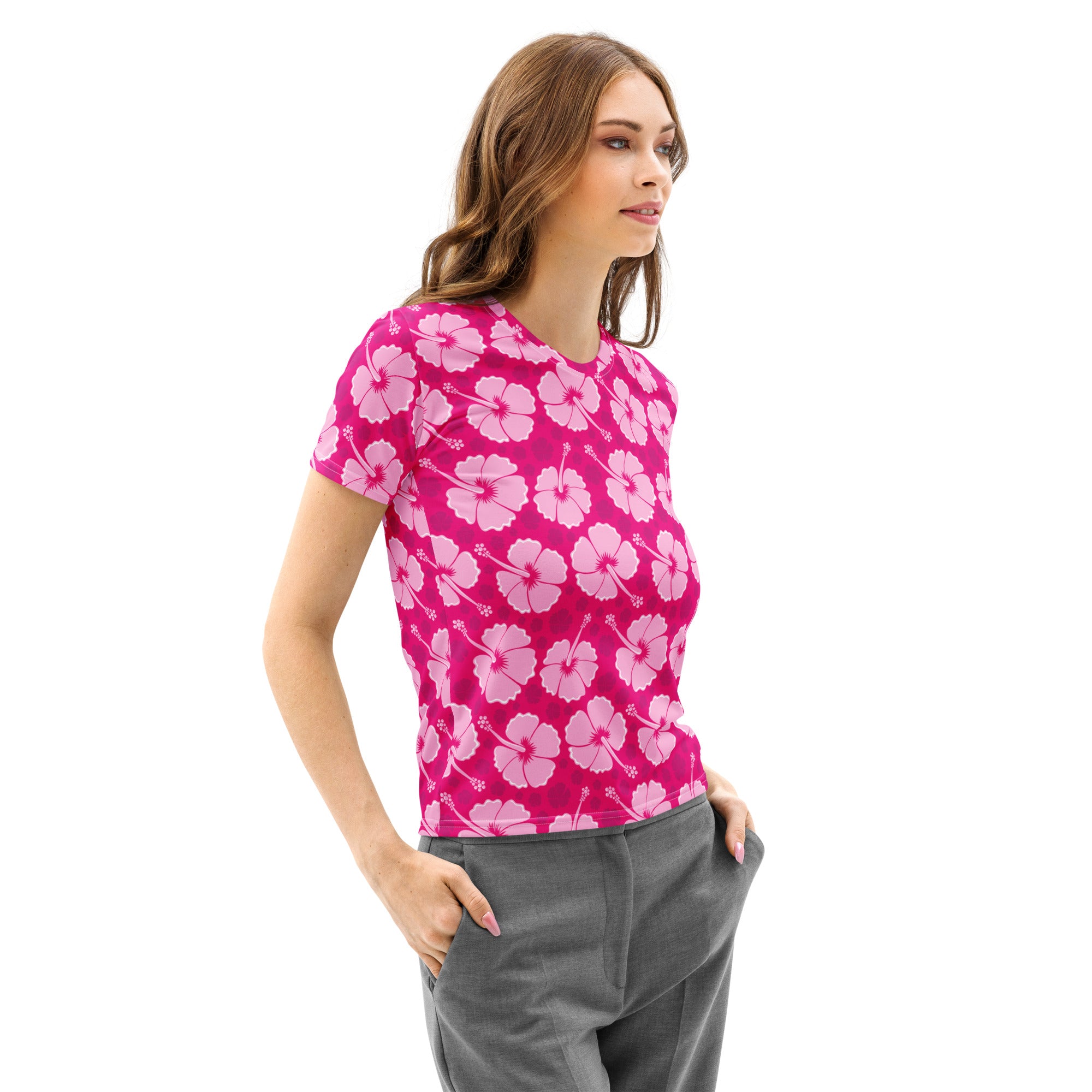 Women’s pink hibiscus cotton t-shirt with soft stretch and pilling resistant fabric featuring a floral pattern