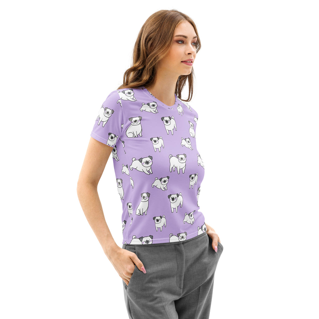 Lavender short-sleeved women’s cotton t-shirt with playful white pug print featuring black accents soft stretch fabric
