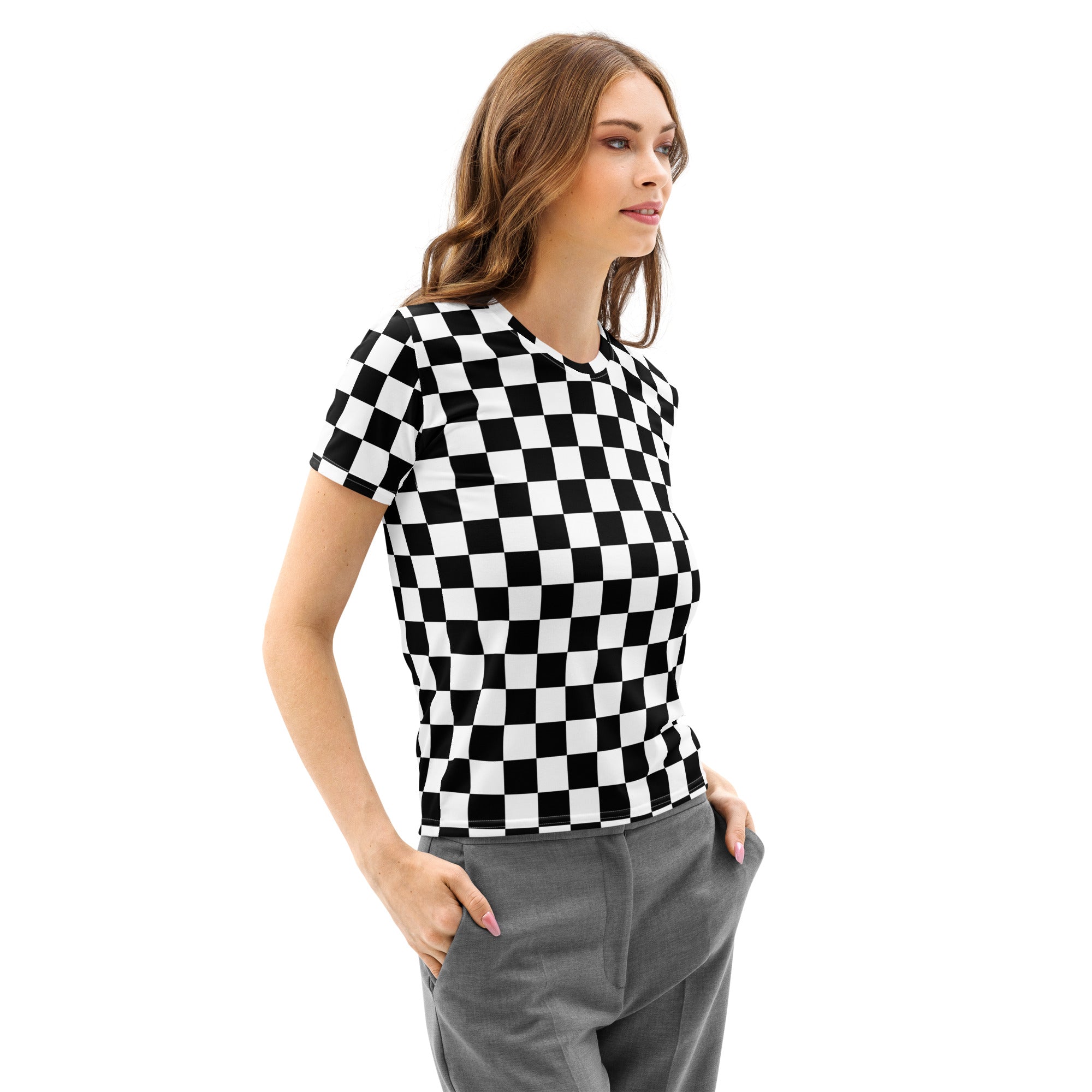 Black and white checkered fitted cotton t-shirt with short sleeves and crew neck soft stretch pilling resistant tee