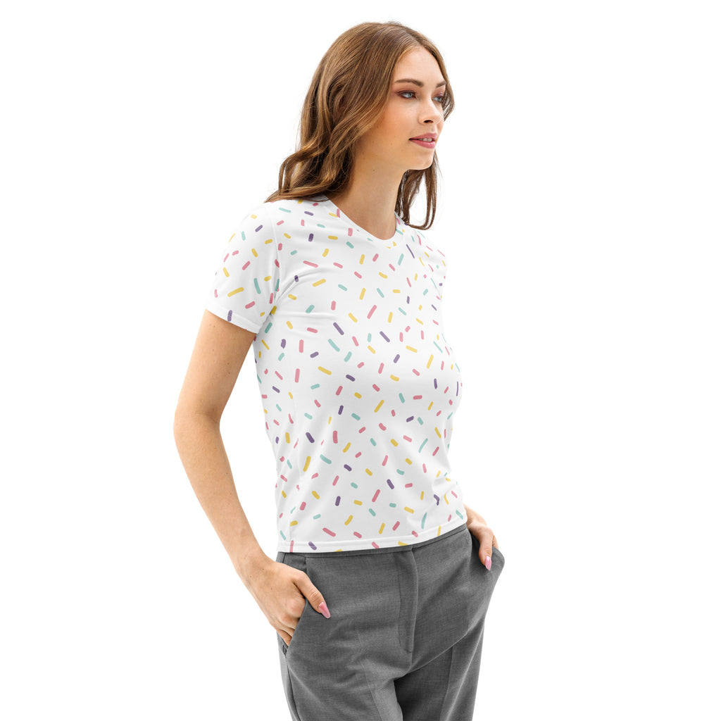 White short-sleeved cotton t-shirt for women with multicolored sprinkle print soft stretch and pilling resistant fabric