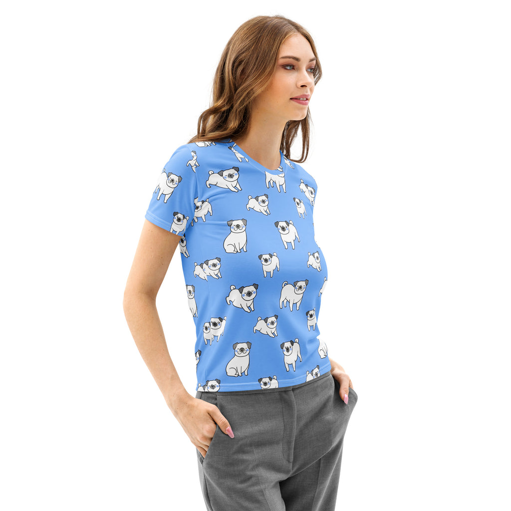 Women’s blue cotton t-shirt with short sleeves and playful all-over white cartoon pug print soft stretch pilling resistant