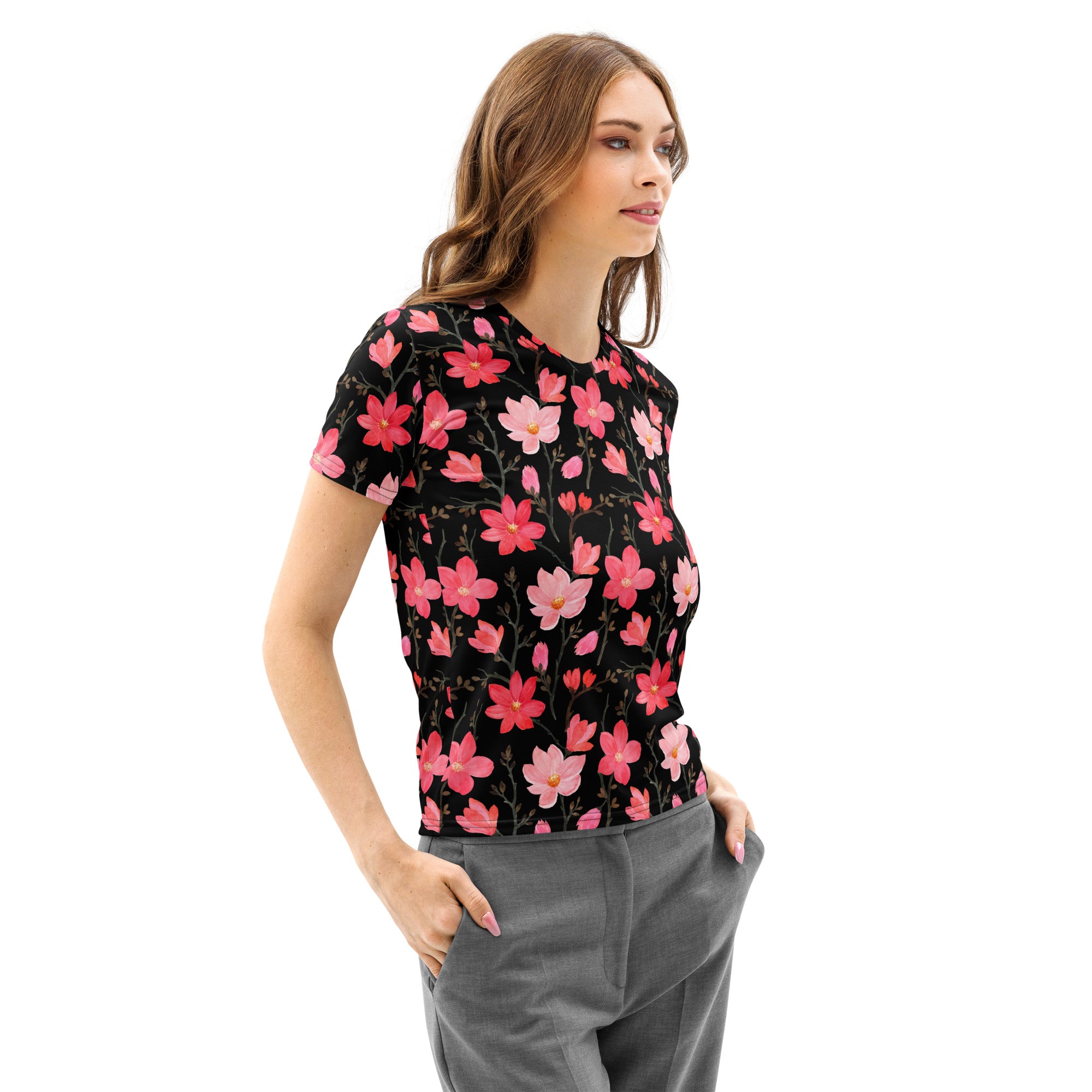 Women’s black short-sleeved cotton t-shirt with vibrant pink and red floral pattern soft stretch pilling resistant tee