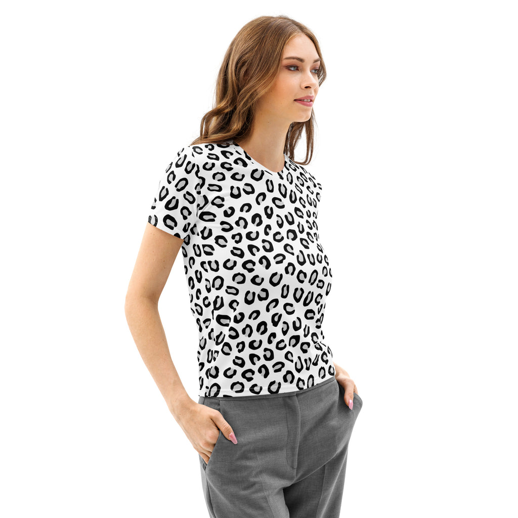 Women’s white cotton t-shirt with black leopard print pattern soft stretch and pilling resistant short sleeves