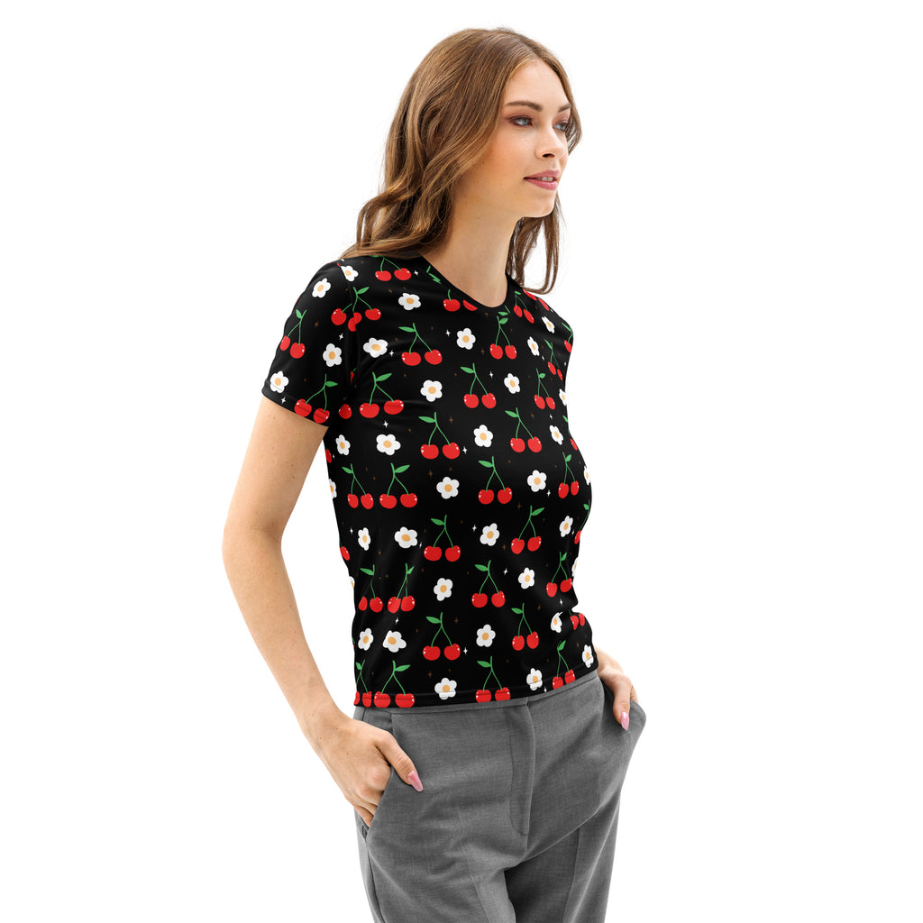 Women’s cotton black short-sleeved cherry and daisy print t-shirt soft stretch pilling resistant tee