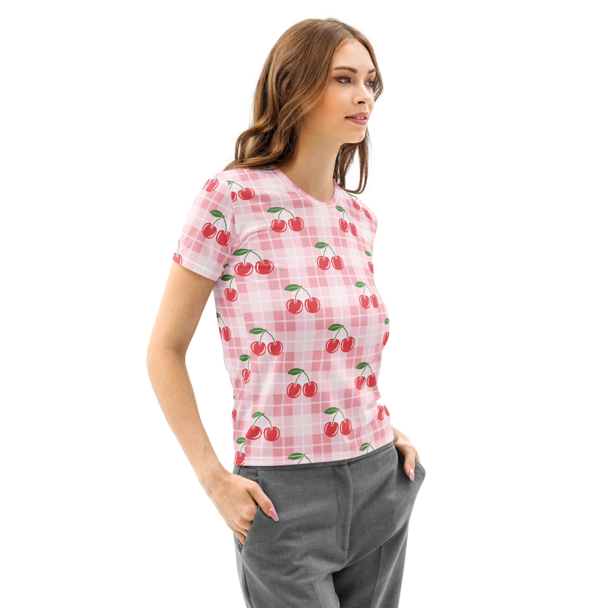 Women’s pink gingham cherry cotton t-shirt with soft stretch and pilling resistant fabric featuring red cherries