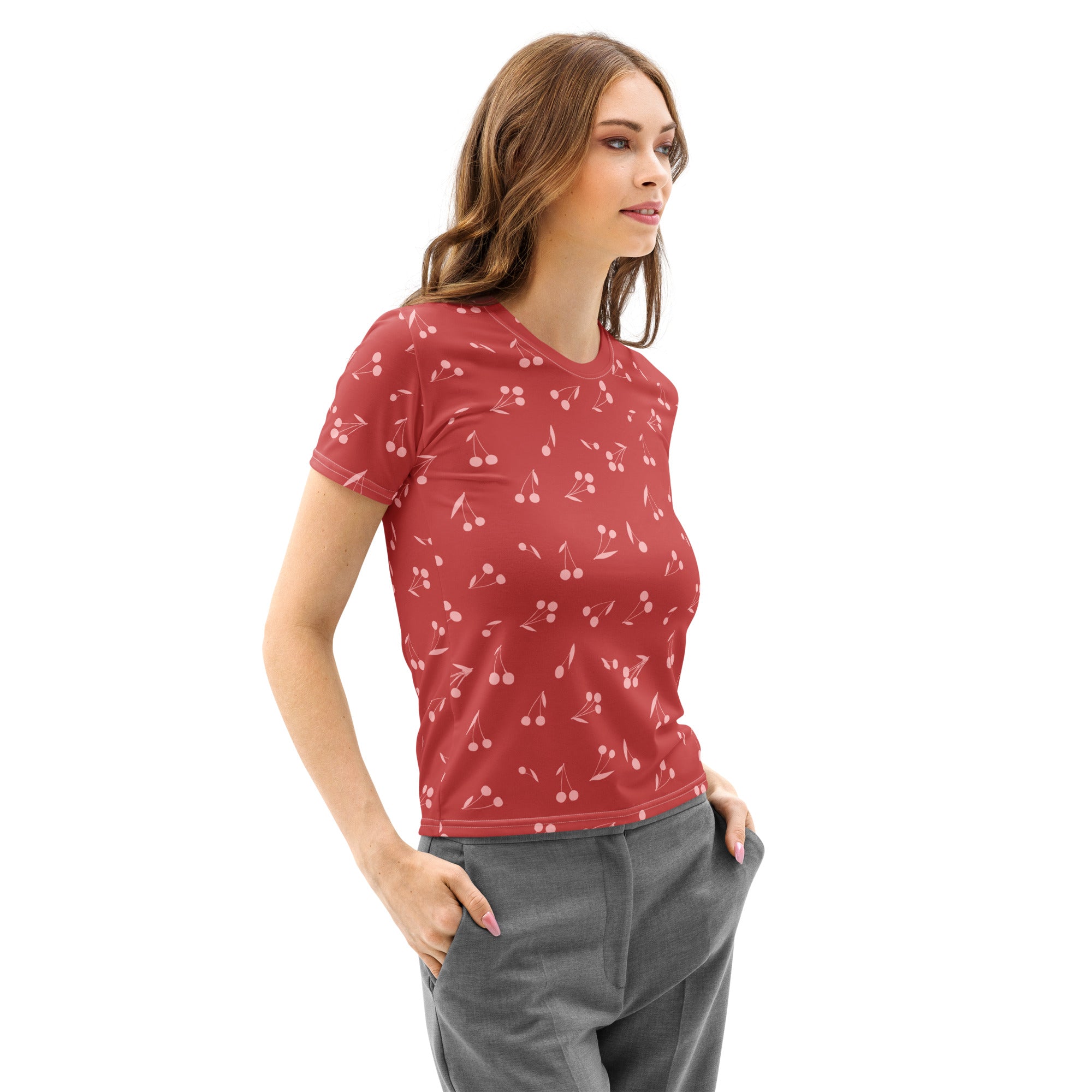 Women’s red cotton short-sleeved t-shirt with soft stretch and subtle white cherry print pilling resistant tee