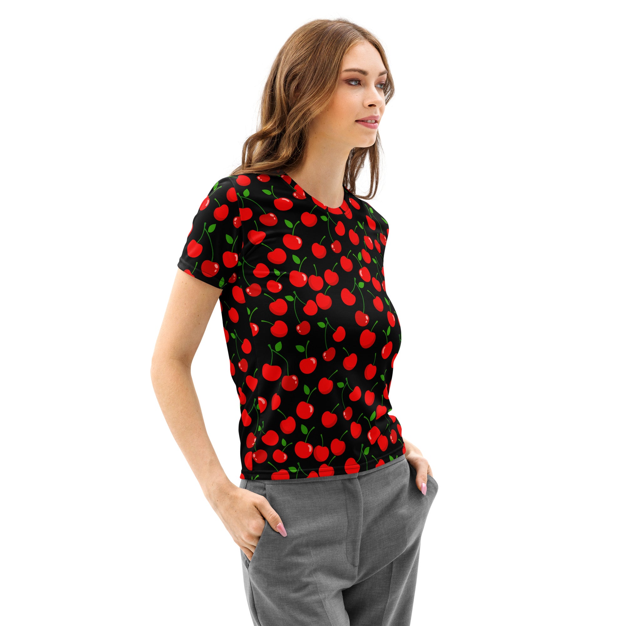 Black women’s cotton t-shirt with soft stretch featuring a vibrant red cherry print with green stems and leaves