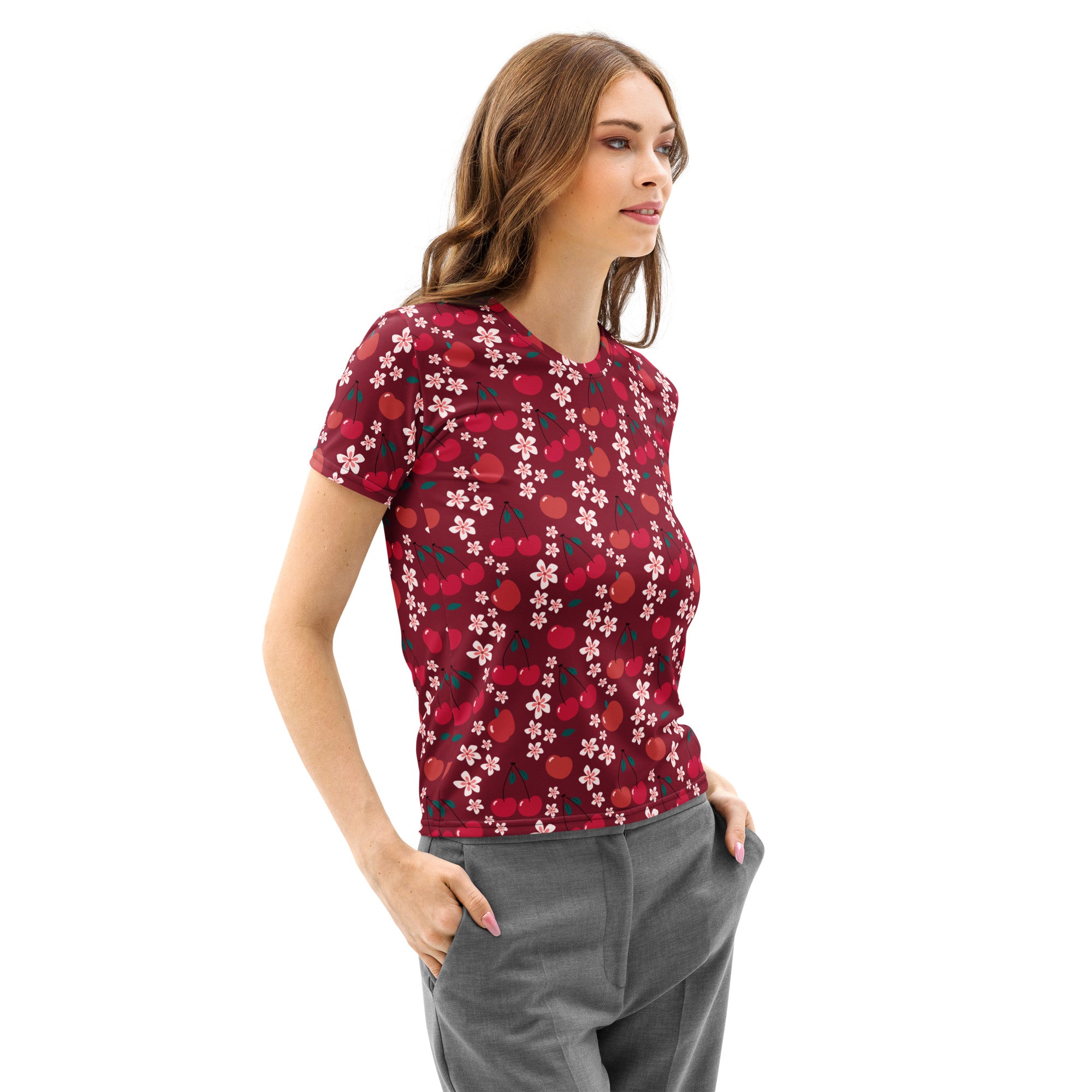 Women’s cherry blossom fruit cotton t-shirt in deep red with soft stretch and pilling resistant fabric