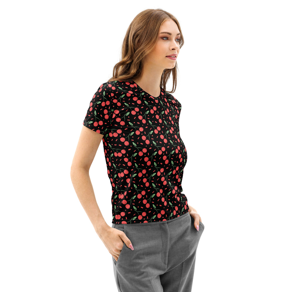 Women’s black cotton short-sleeved t-shirt with vibrant red cherry pattern and green stems soft stretch pilling resistant tee