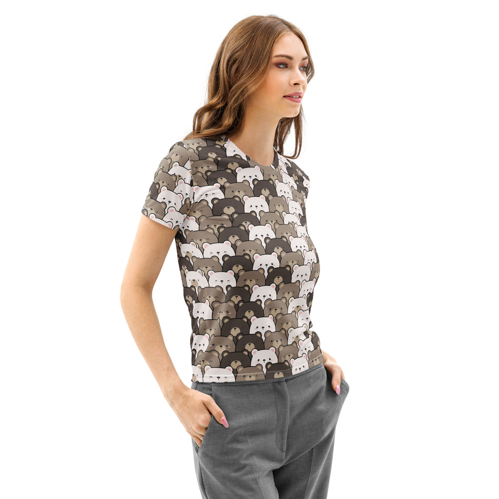 Women’s bear face cotton t-shirt with short sleeves featuring playful brown white and gray cartoon bear pattern
