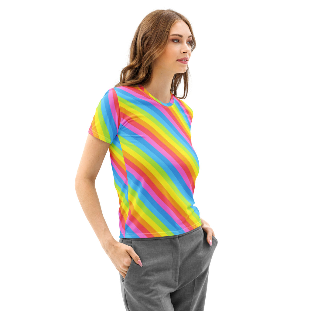 Women’s Rainbow Diagonal Stripe Cotton T-Shirt – Soft Stretch Pilling Resistant Tee