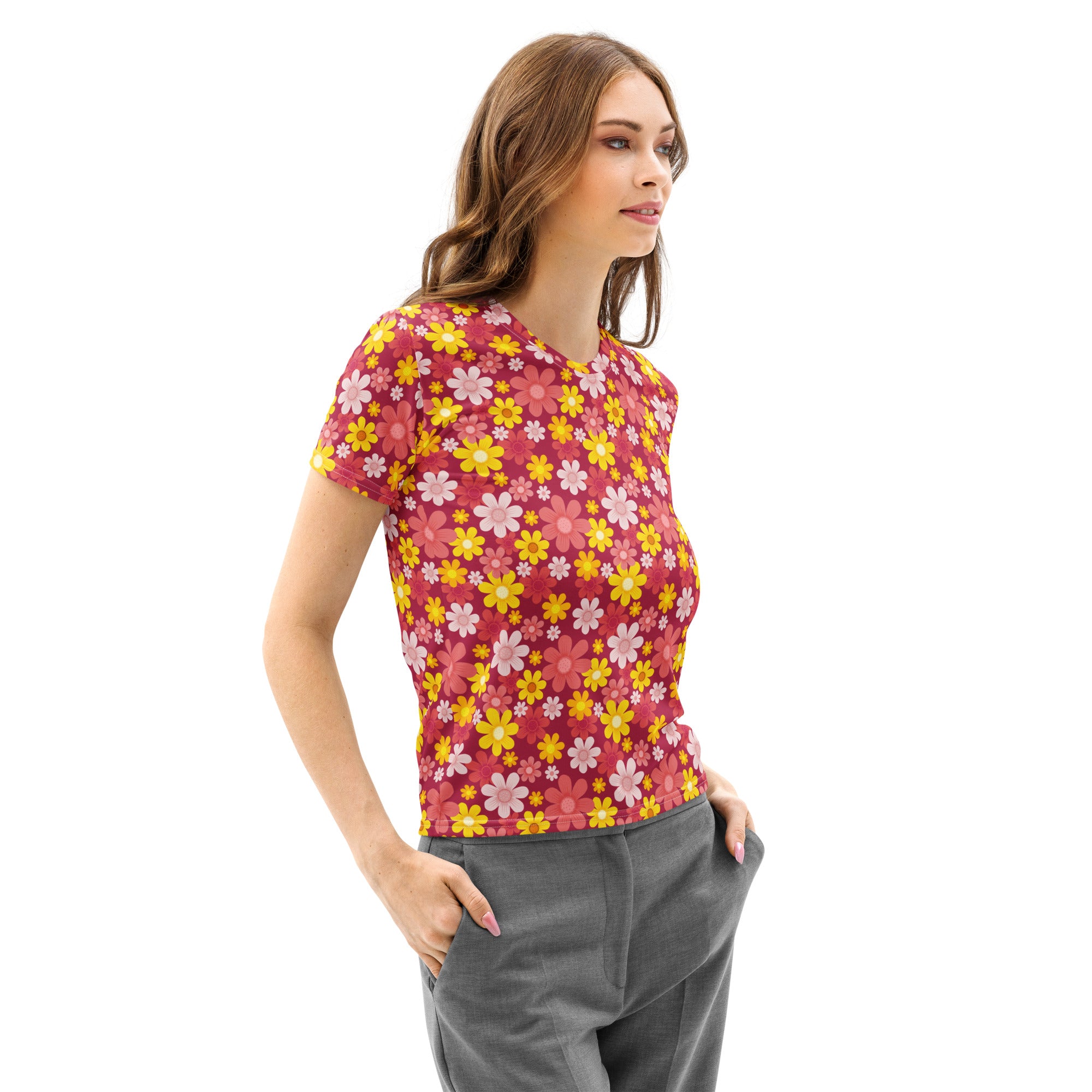 Women’s red floral cotton t-shirt with soft stretch and pilling resistant fabric featuring yellow pink and white flowers