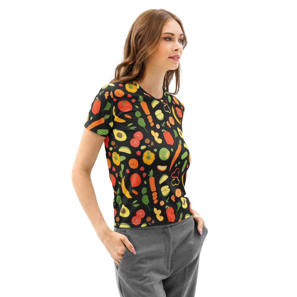 Black short-sleeved women’s cotton t-shirt with vibrant colorful vegetable and fruit print soft stretch pilling resistant