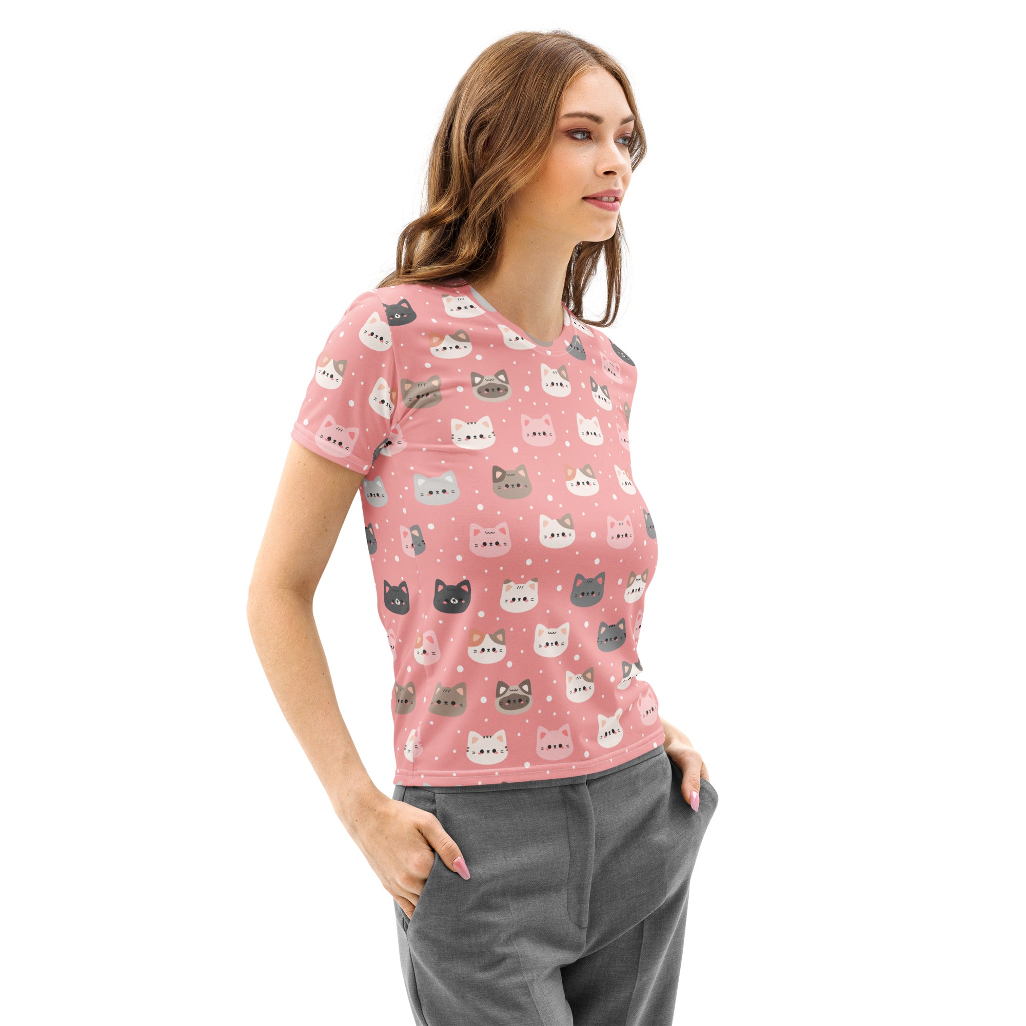 Women’s cute pink cat faces cotton t-shirt with short sleeves featuring a playful pattern of gray white and black cat faces