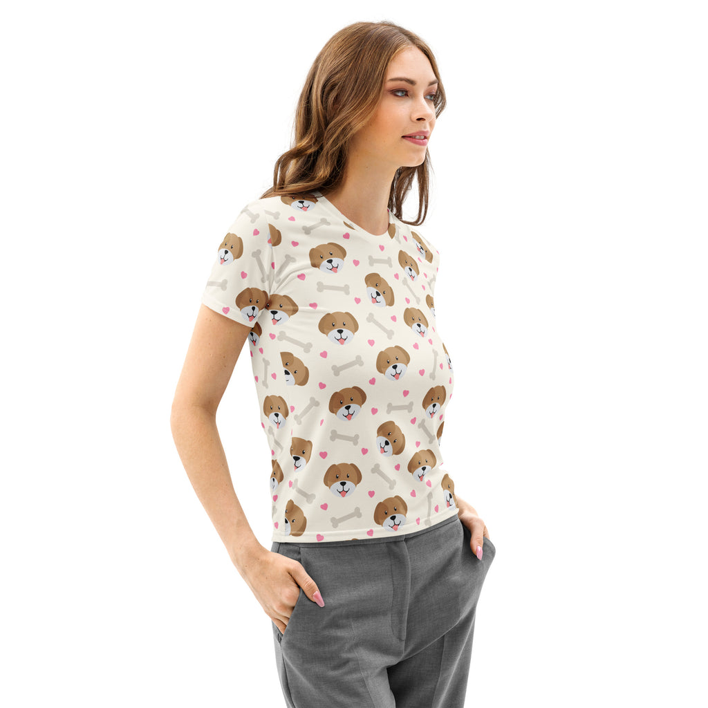A cream short-sleeved cotton t-shirt for women with a playful puppy, heart, and bone print, soft and pilling resistant