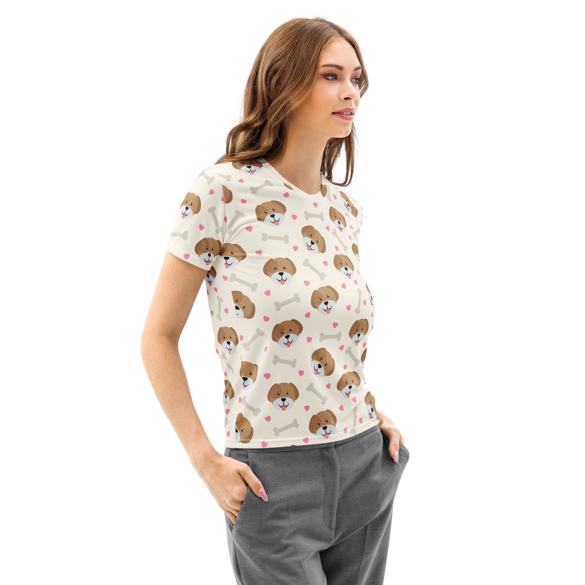 A cream short-sleeved cotton t-shirt for women with a playful puppy, heart, and bone print, soft and pilling resistant