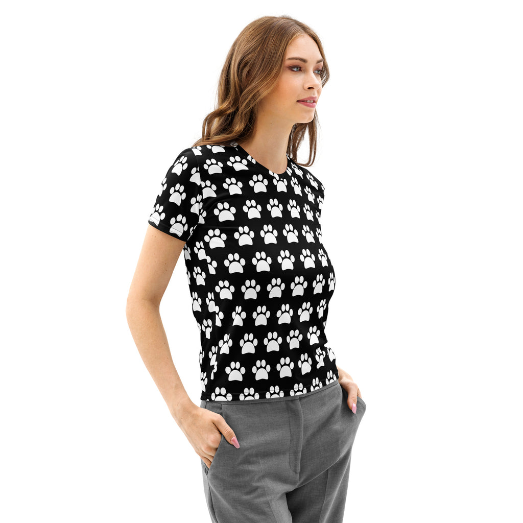 Women’s black cotton t-shirt with soft stretch featuring white paw print pattern and pilling resistant fabric