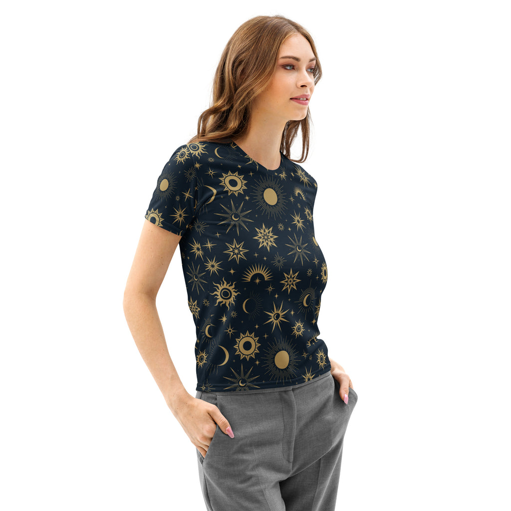 Women’s dark navy cotton short-sleeved t-shirt with vibrant gold celestial sun moon and stars pattern soft stretch