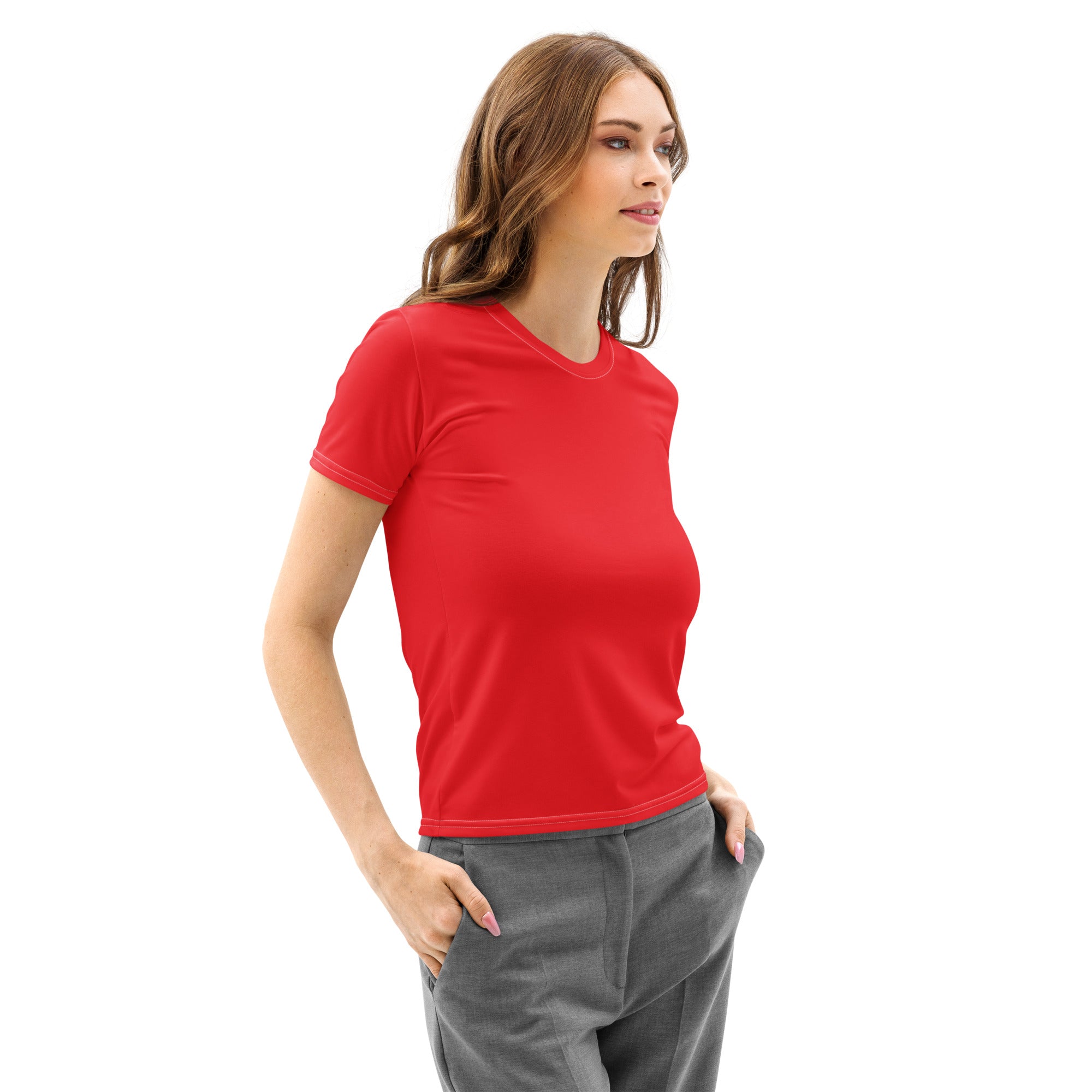 Women’s red cotton t-shirt with soft stretch and pilling resistant fabric in a short-sleeved crew neck design