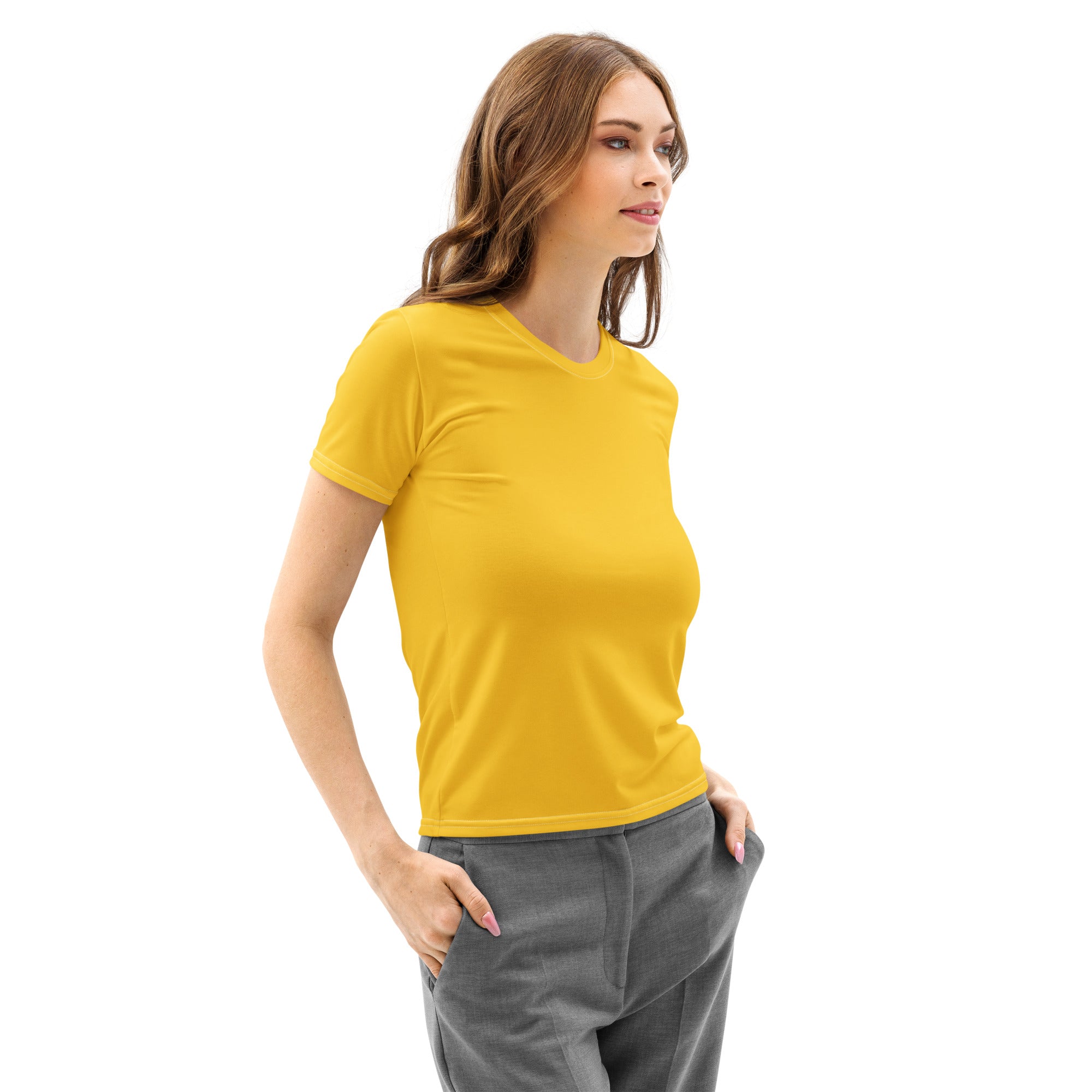 A vibrant yellow cotton women’s short-sleeved t-shirt with a soft stretch and pilling resistant fabric