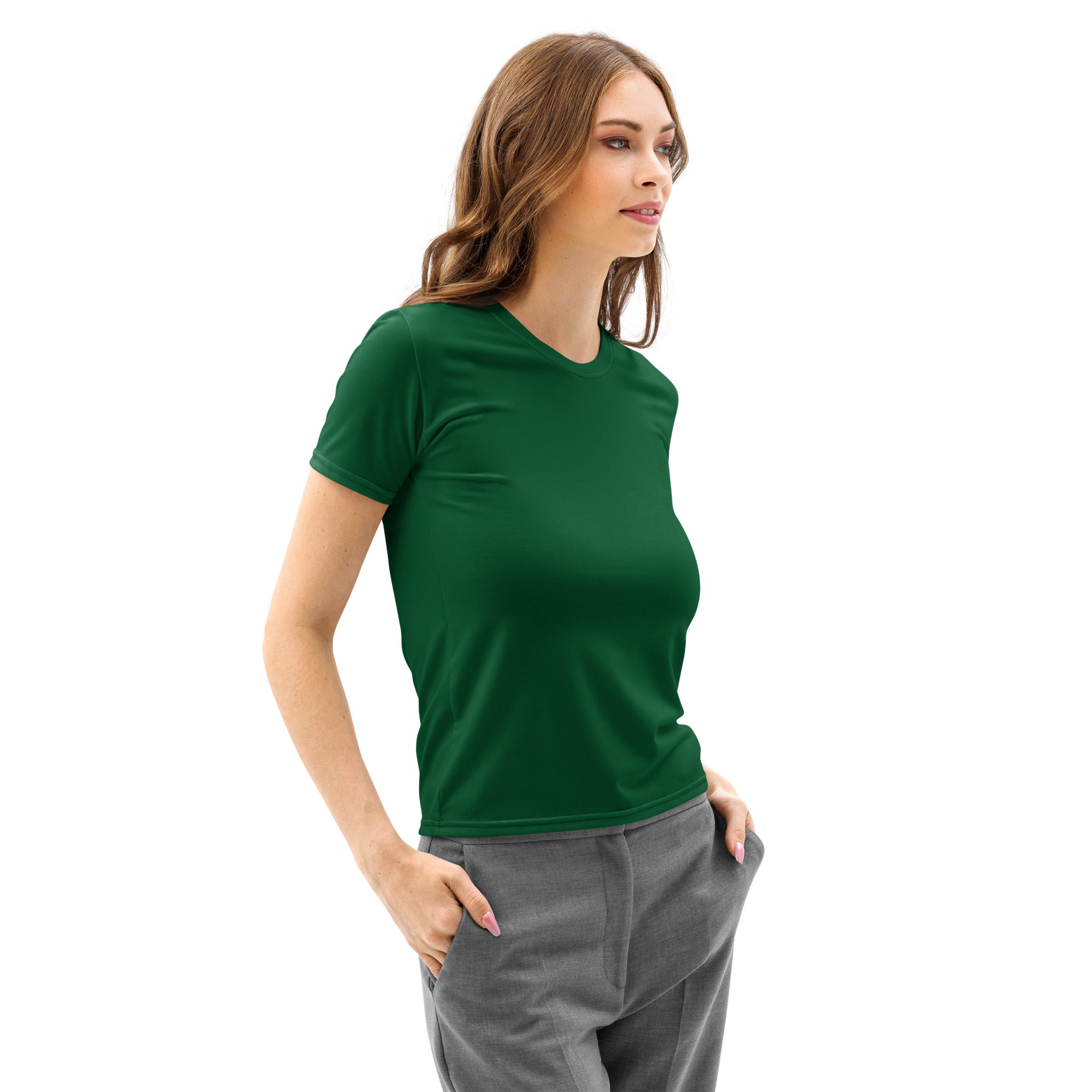 Women’s dark green cotton t-shirt with short sleeves soft stretch and pilling resistant crew neck design