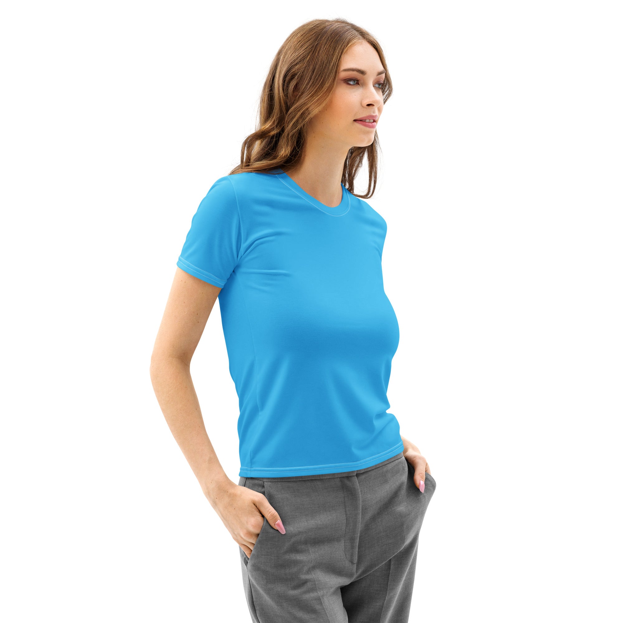 Women’s sky blue short-sleeved cotton t-shirt with soft stretch and pilling resistant fabric in crew neck style