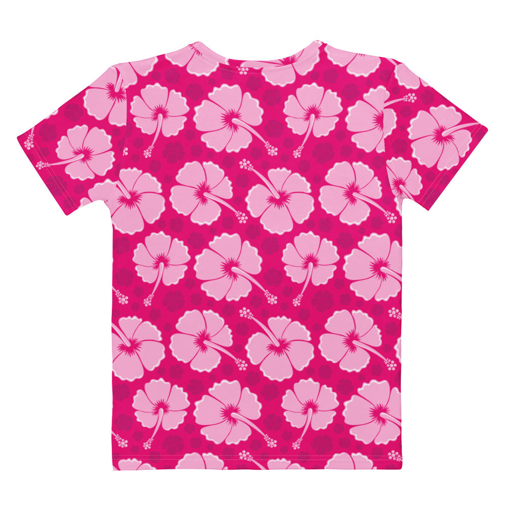 Women’s pink hibiscus floral t-shirt with short sleeves soft stretch jersey featuring light pink hibiscus and polka dots