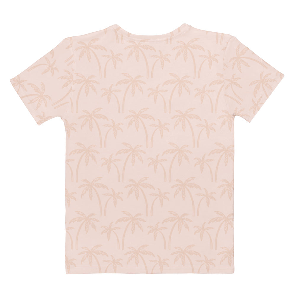 Women’s soft blush pink short-sleeved t-shirt with light beige palm tree pattern in soft stretch jersey material