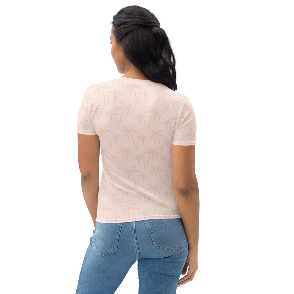 Women’s soft beige palm tree t-shirt with short sleeves and subtle all-over print in soft stretch jersey fabric