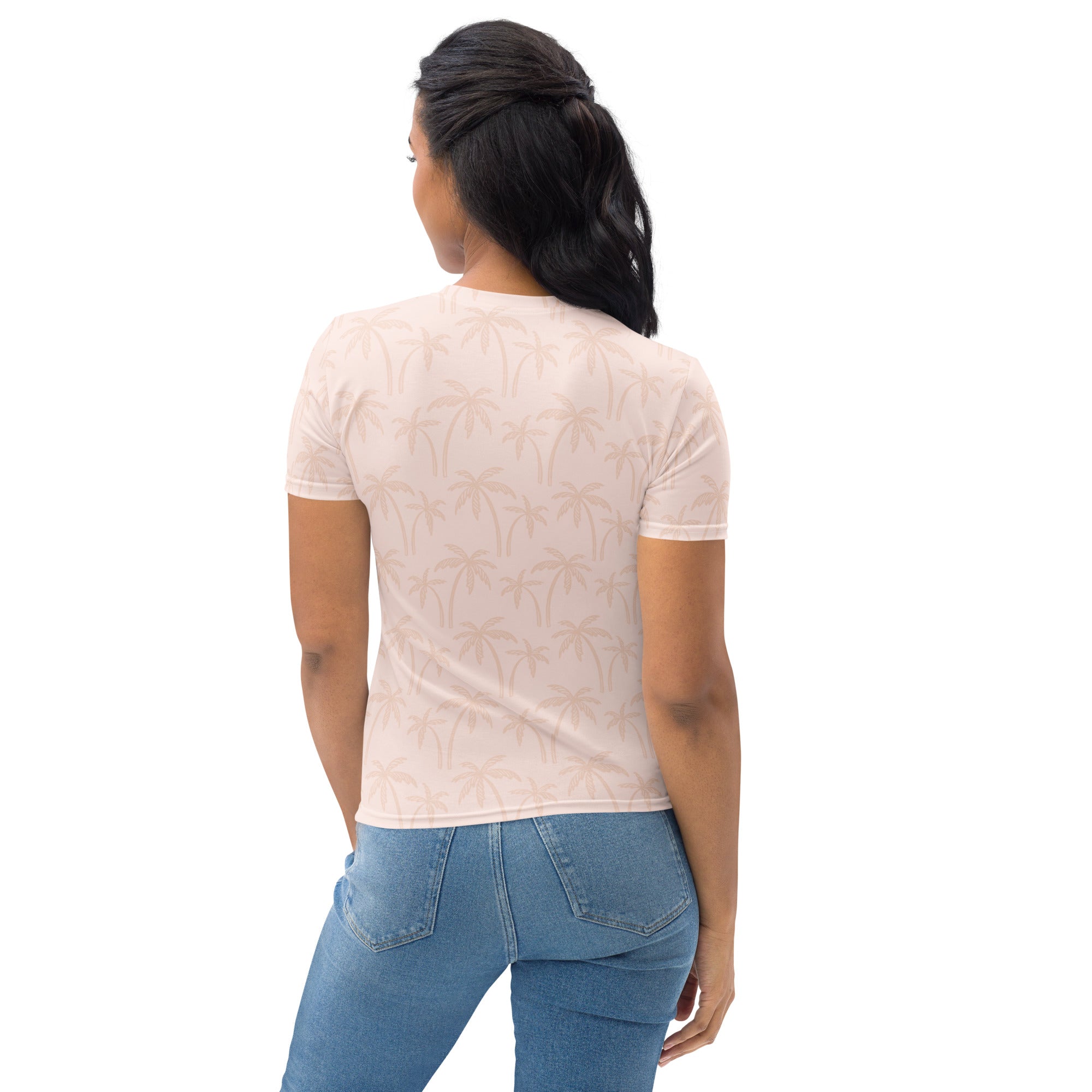Women’s soft beige palm tree t-shirt with short sleeves and subtle all-over print in soft stretch jersey fabric