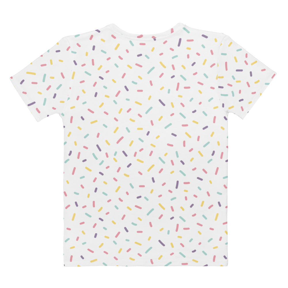 White women’s short-sleeved t-shirt with colorful pastel sprinkles pattern made of soft stretch jersey fabric