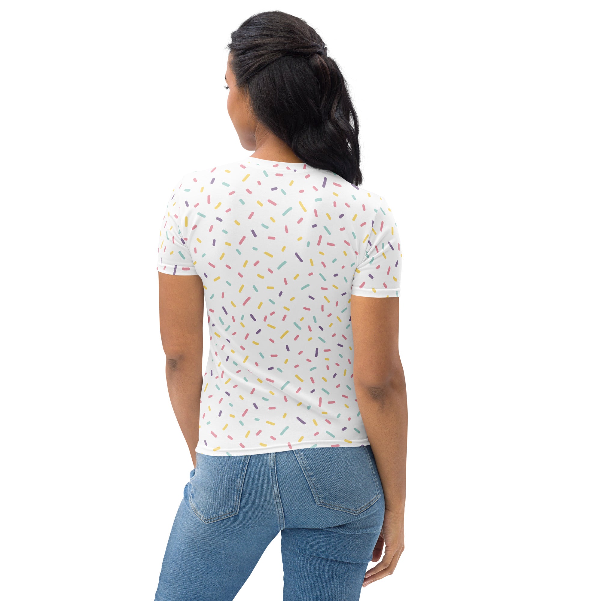 White short-sleeved women’s t-shirt with colorful sprinkles pattern made of soft stretch jersey fabric