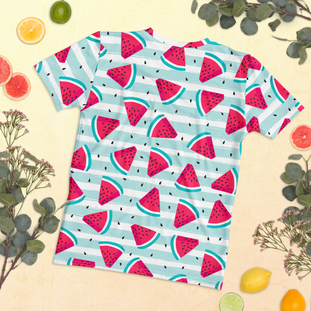 Women’s soft stretch jersey t-shirt with playful pink watermelon print on light blue and white stripes
