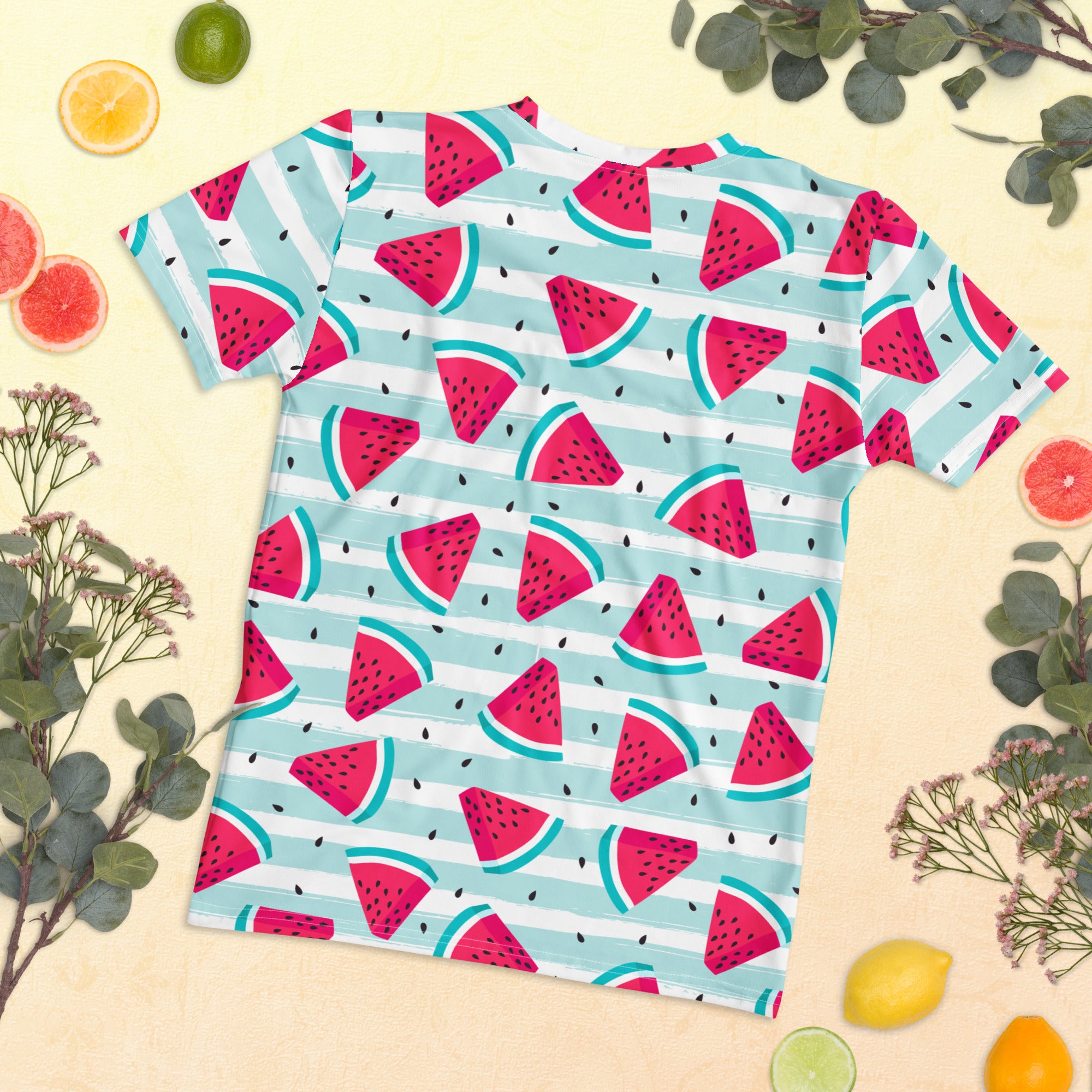 Women’s soft stretch jersey t-shirt with playful pink watermelon print on light blue and white stripes
