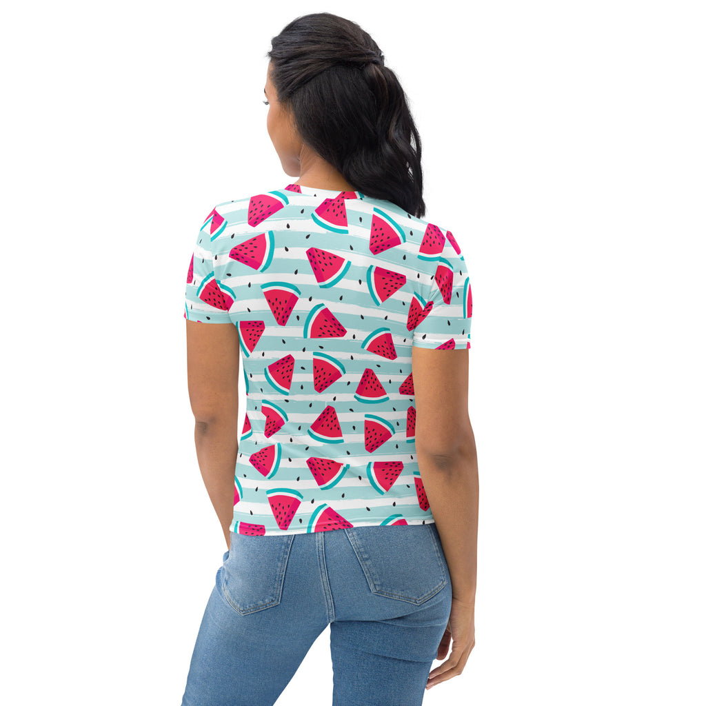 Women’s watermelon print t-shirt with pink slices on light blue and white stripes made of soft stretch jersey