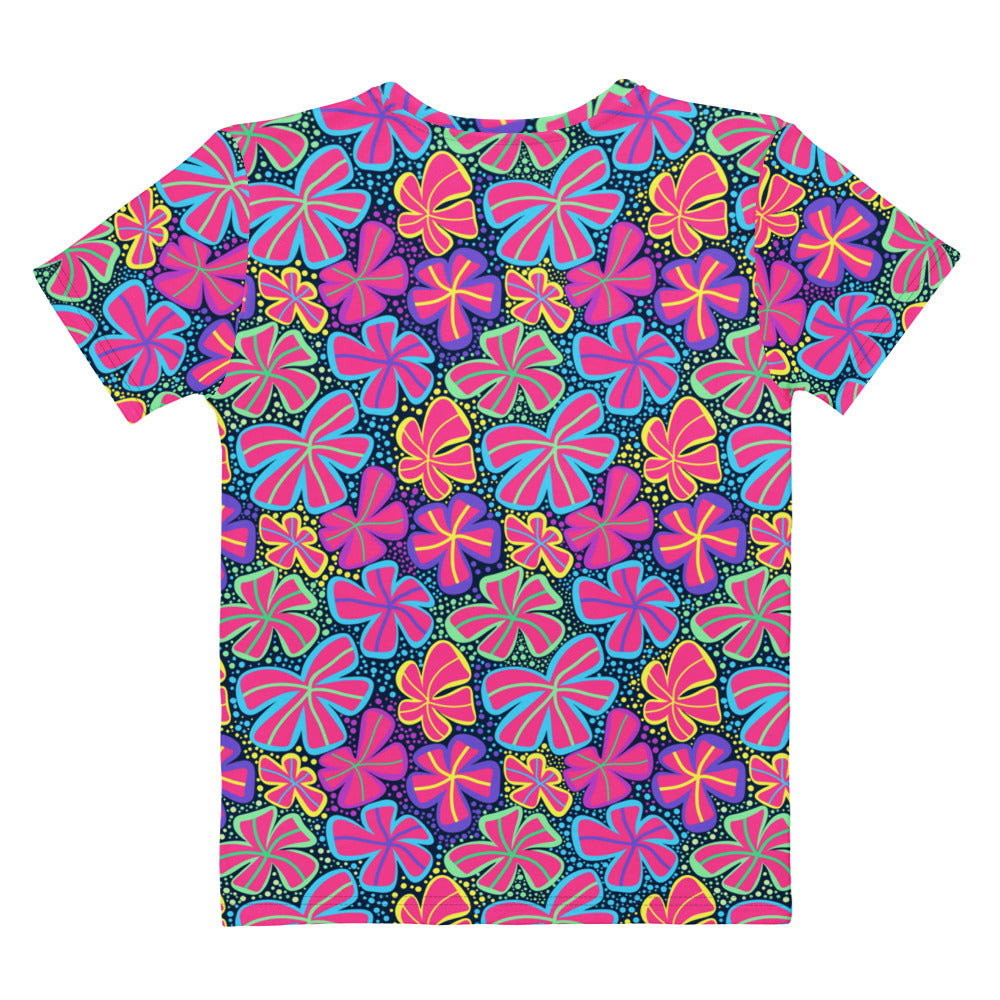 Women’s neon retro flower t-shirt in soft stretch jersey with vibrant pink purple turquoise flowers on dark teal background