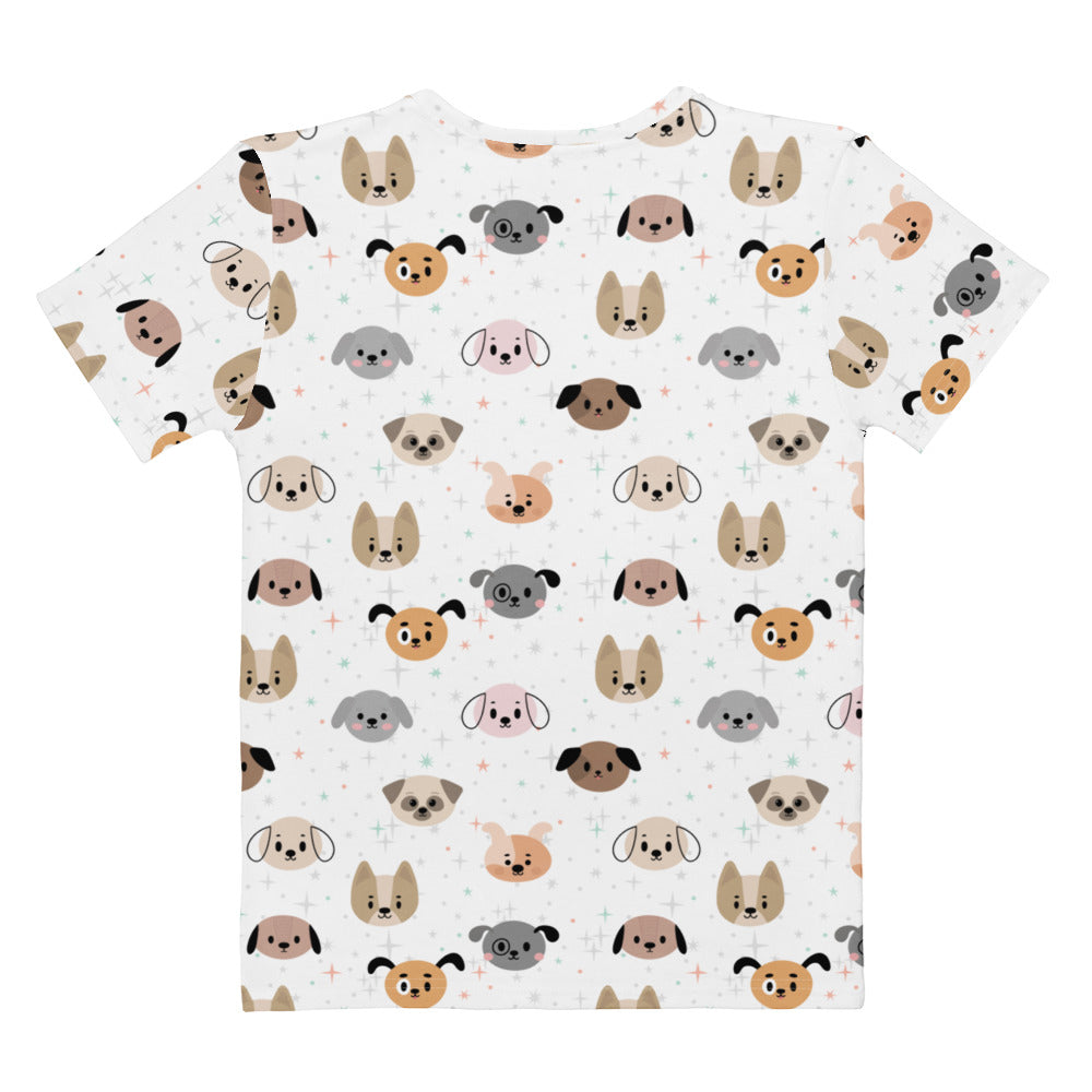 Women’s white dog face t-shirt with playful cartoon print in earthy tones made of soft stretch jersey fabric