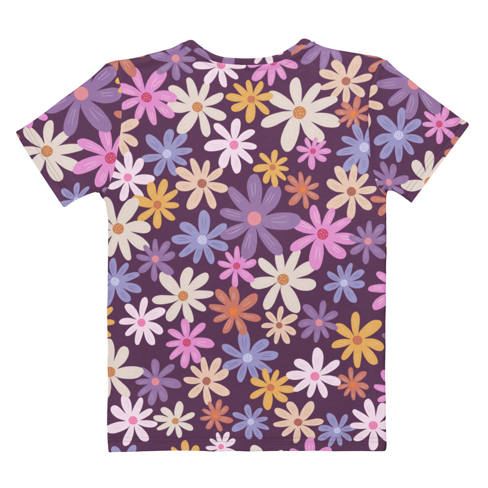 Women’s retro purple daisy t-shirt with a vibrant multicolored floral pattern in soft stretch jersey material