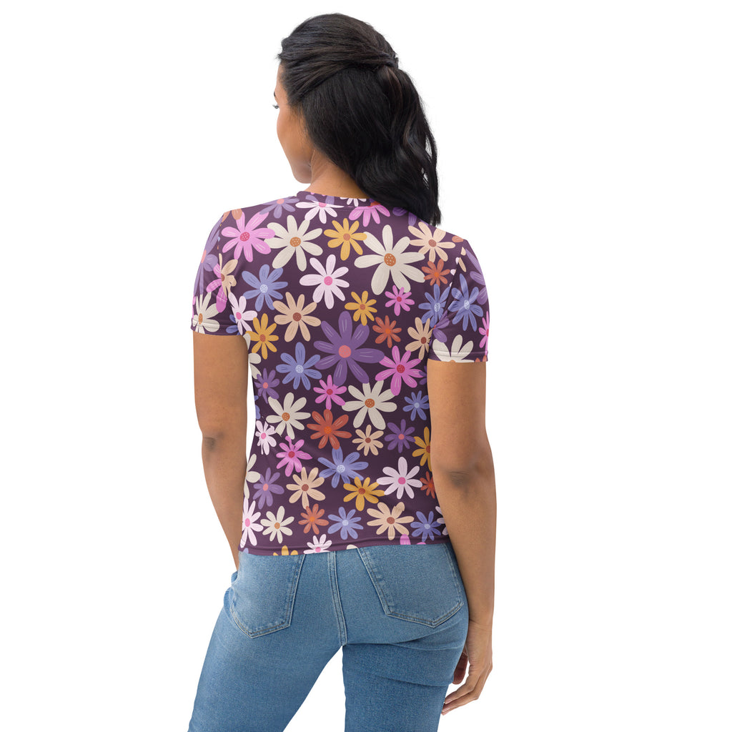 Women’s retro purple daisy t-shirt vibrant cropped short-sleeve floral soft stretch jersey tee