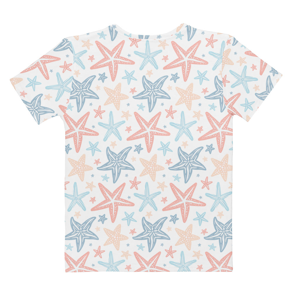 White women’s short-sleeved starfish print t-shirt in soft stretch jersey with coral blue and beige tones