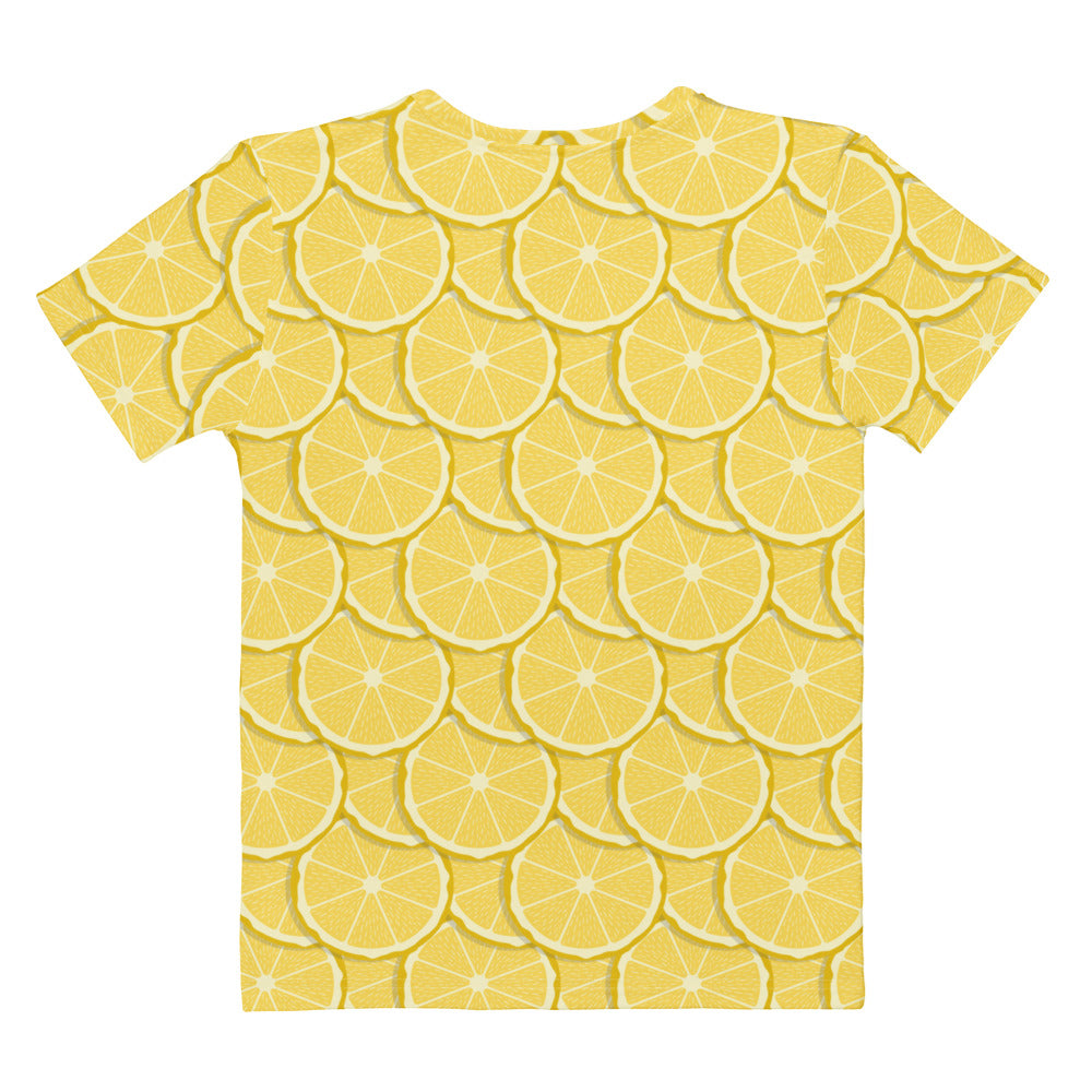 Yellow women’s t-shirt with vibrant lemon slice print made of soft stretch jersey for comfortable casual wear