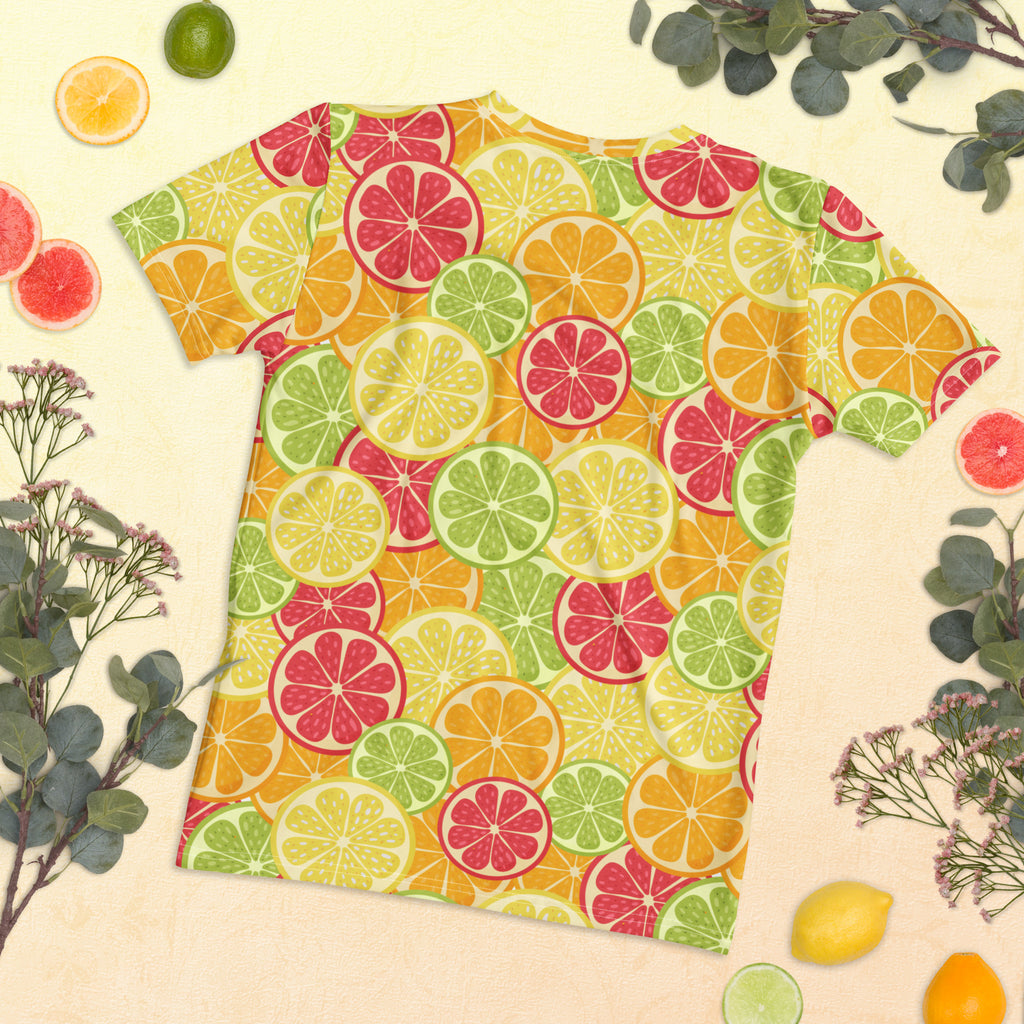 Women’s citrus fruit slice t-shirt with vibrant red yellow and green citrus print made of soft stretch jersey