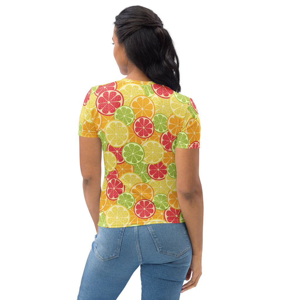 A vibrant yellow women’s citrus fruit slice t-shirt with short sleeves and soft stretch jersey fabric featuring sliced citrus pattern