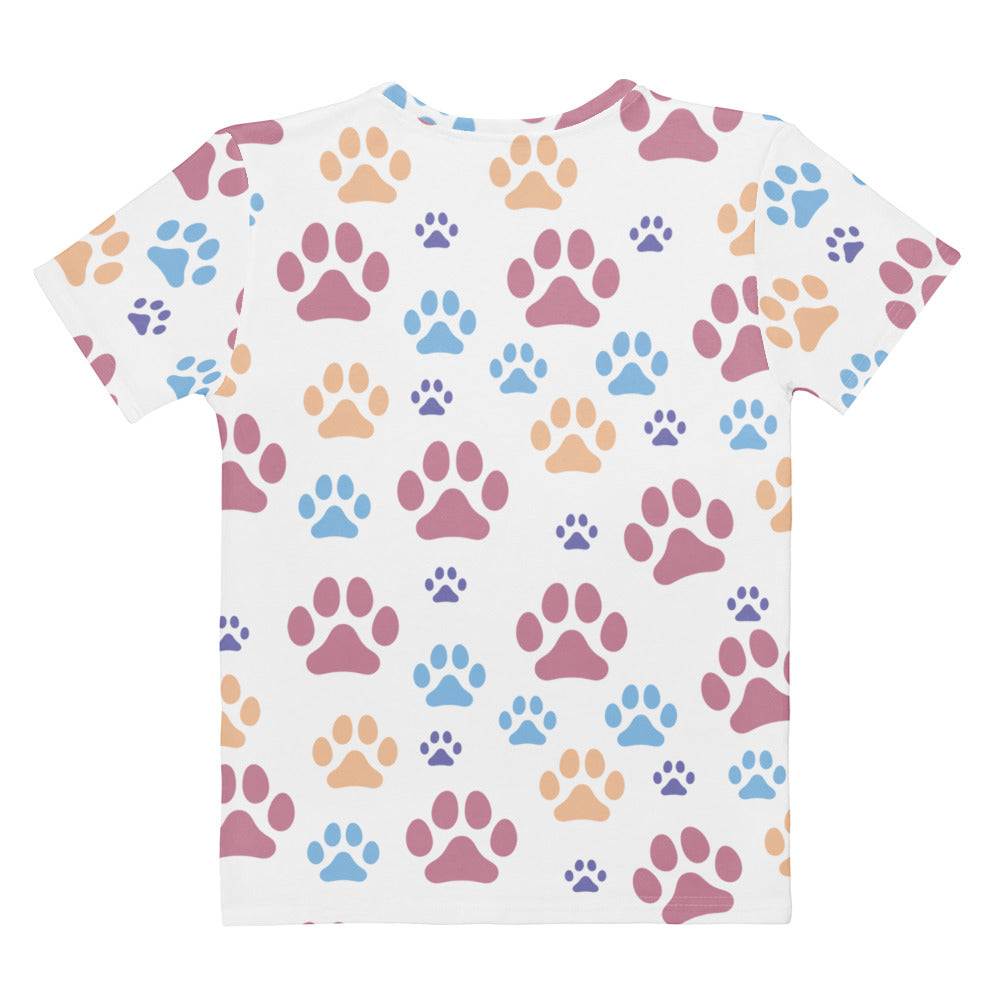 White women’s short-sleeved stretch jersey t-shirt with colorful pastel paw print all-over design