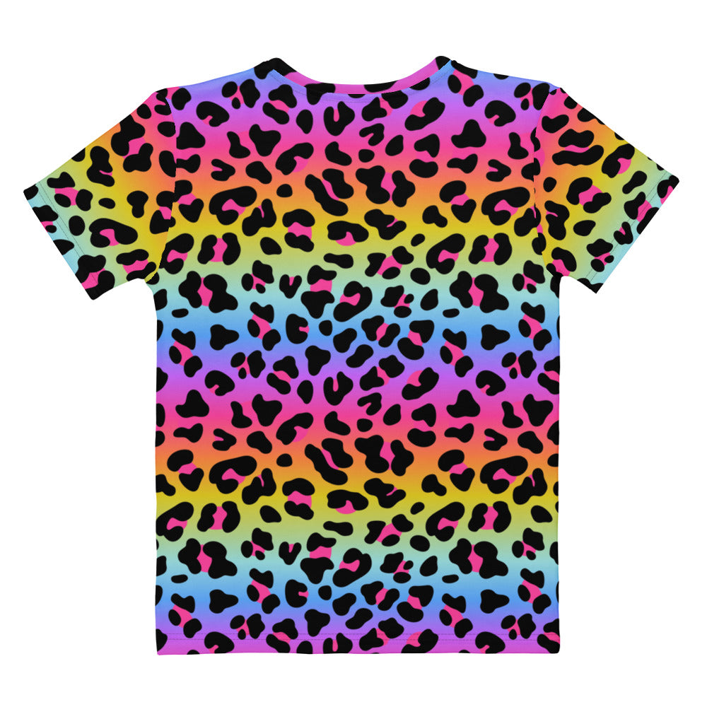 Women’s pride rainbow leopard t-shirt with vibrant colors bold black print soft stretch jersey fabric