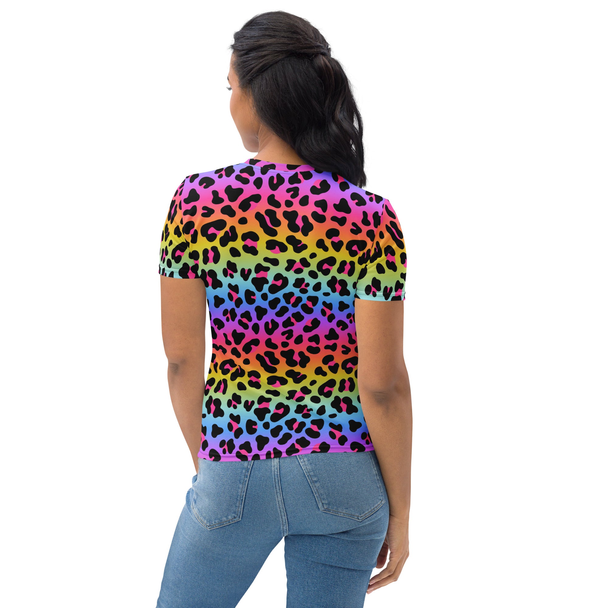 Women’s pride rainbow leopard t-shirt with vibrant colors black spots soft stretch jersey short sleeves
