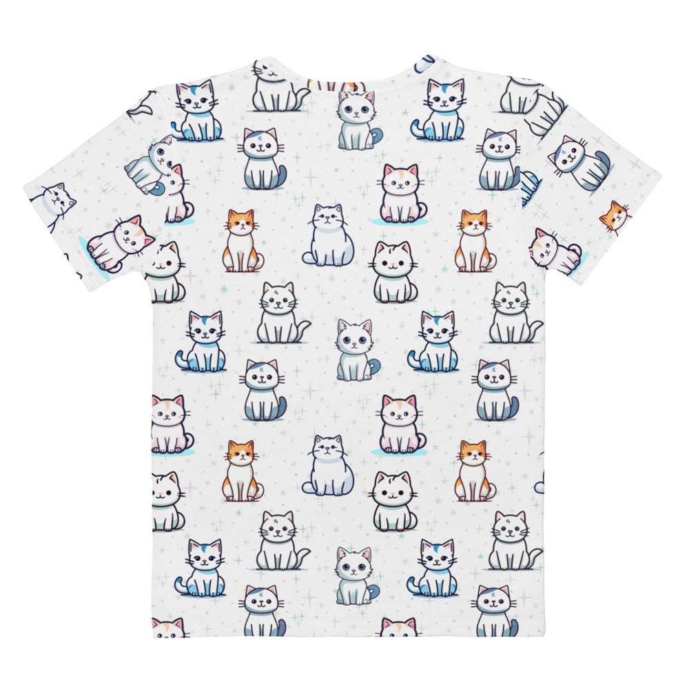 White women’s short-sleeved t-shirt with playful multicolor cartoon cat print made from soft stretch jersey fabric