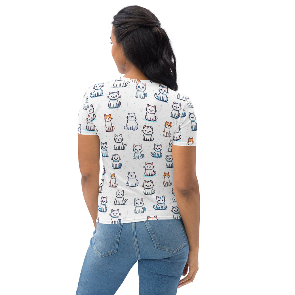 White short-sleeved women’s t-shirt with colorful cartoon cat pattern made of soft stretch jersey fabric